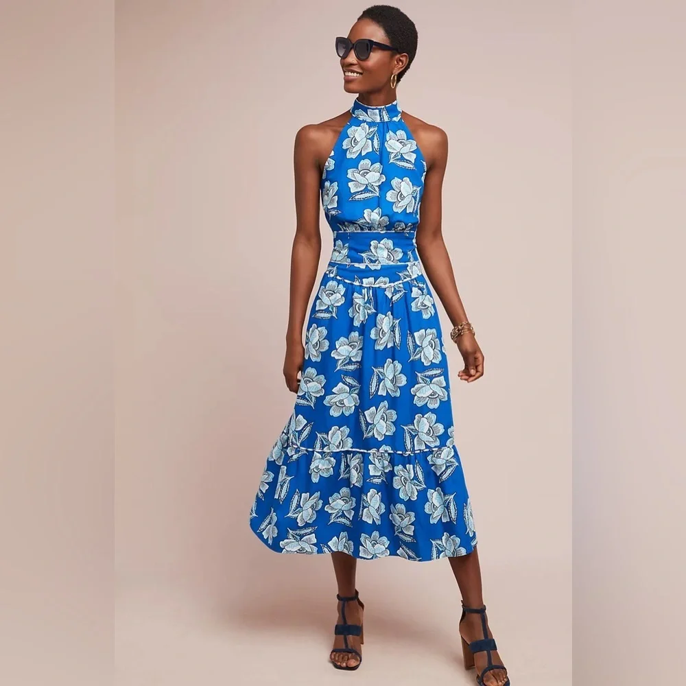 $118 NWT Anthropologie 14 Maeve Alyssa Midi Skirt Blue Floral Boho Resort Linen